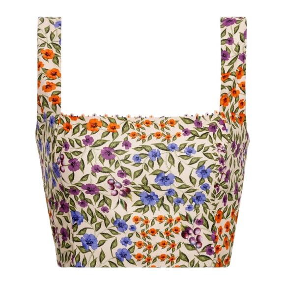 Agua Bendita Kosia Crop Tank Top - Floral Smocked, Beaded | Womens L NWT - Picture 2 of 6